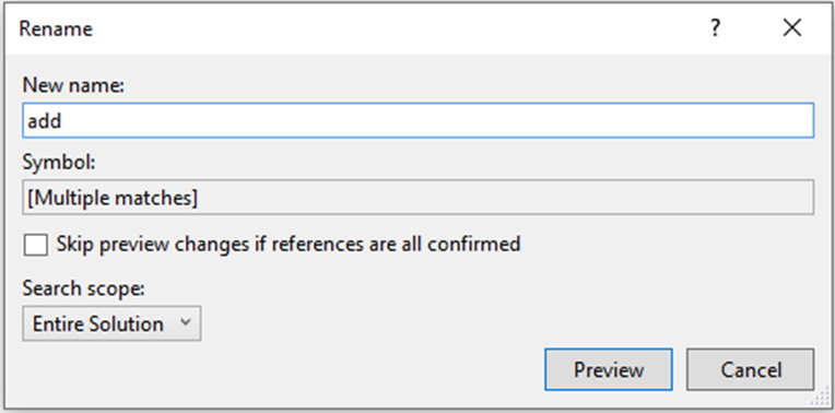 c++ refactoring_figure 3_Options for renaming a variable in Visual Studio